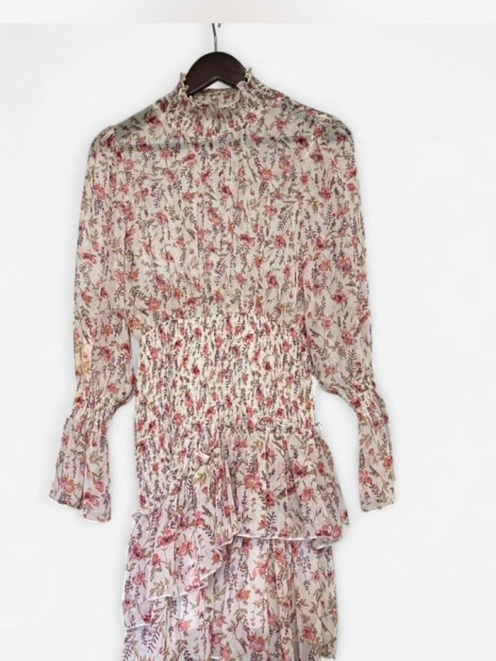 Princess Polly Floral Smocked Long Bell Sleeve Tiered Ruched Mini Dress Size 4